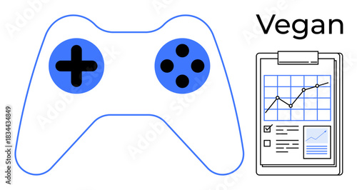 Digital entertainment, sustainable lifestyle, business analytics, vegan message, gaming industry, productivity. Blue gaming controller and clipboard with a chart. Digital entertainment