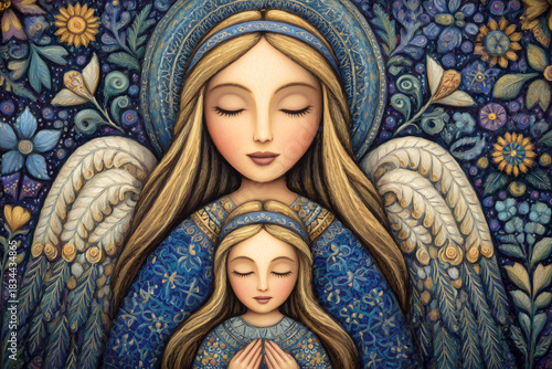 Guardian Angel Protecting Blonde Caucasian Girl Praying,  Textured Folk Art Illustration 