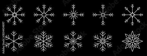 White snowflake line icons for winter and Christmas decoration. Snow flakes vector icon set includes geometric ice crystal shapes for decor, festive branding, holiday design projects, prints(Isolated)