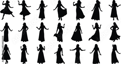 Elegant Woman in Long Dress Silhouette Set: Vector Collection of Female Figures in Various Standing and Posing Styles, Ideal for Fashion and Glamour Concepts.