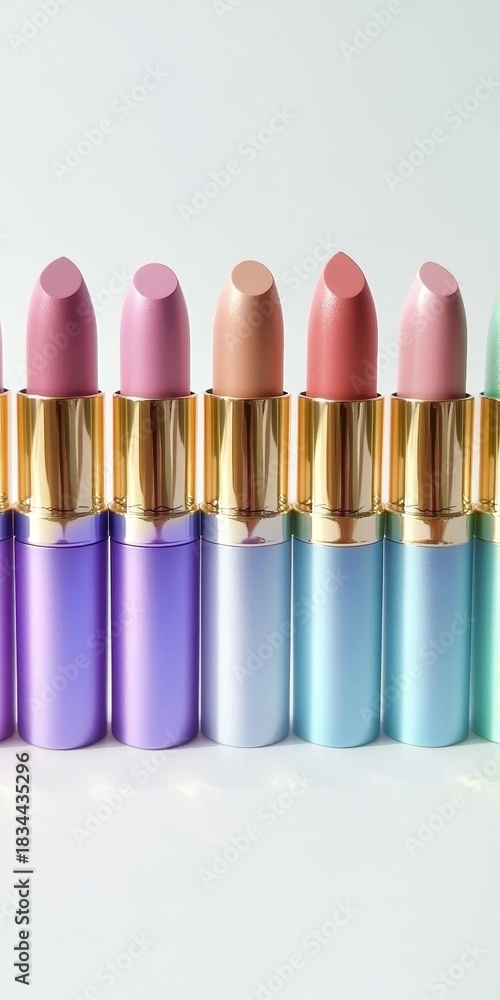 Obraz premium Elegant Pastel Spectrum of Beauty Supplies Featuring Delicate Color Lipsticks for Artistic Glamour