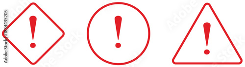 Red Warning and Danger Sign Set, Attention Exclamation Mark Symbols in Triangle, Circle, and Rhombus Shapes