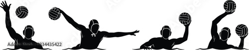 Water Polo Player Action Silhouette Set: Dynamic Vector Illustration of Athletes Throwing and Catching Balls in the Water, Representing Aquatic Sports and Team Competition.