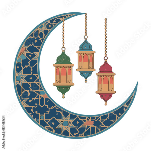 Stylized crescent moon with colorful hanging lanterns, featuring elaborate arabesque patterns, perfect for ramadan, eid al-fitr, and other islamic festivals and cultural events.