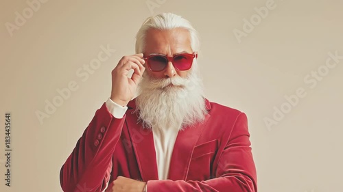 Elegant man with white beard wearing red blazer, turtleneck and red sunglasses. Modern Santa Claus look. Trendy and contemporary concept for Christmas holidays