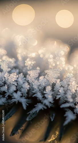 makroaufnahme von eiskristallen auf tannennadel mit bokeh-licht