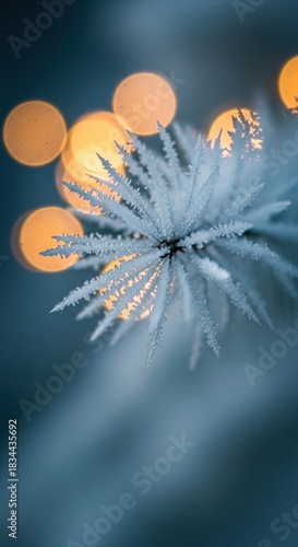 gefrorene pflanze mit reif und grossen orangefarbenen bokeh-kreisen