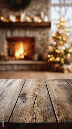 Wooden tabletop foreground with blurred background of stone fireplace with burning fire, glowing Christmas tree and candles on mantel