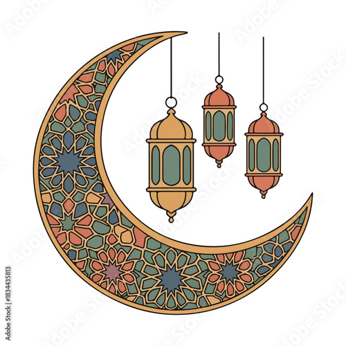 Stylized crescent moon with colorful hanging lanterns, featuring elaborate arabesque patterns, perfect for ramadan, eid al-fitr, and other islamic festivals and cultural events.