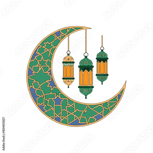 Stylized crescent moon with colorful hanging lanterns, featuring elaborate arabesque patterns, perfect for ramadan, eid al-fitr, and other islamic festivals and cultural events.