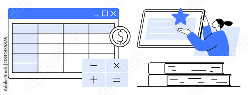 Financial planning, data analysis, digital education, online learning, knowledge growth, budgeting. Spreadsheet, calculator person interacting with screen and books. Financial planning and data