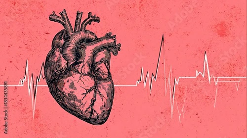 Animated vintage-style anatomical illustration of human heart on distressed, textured red and pink background with white ECG electrocardiogram line