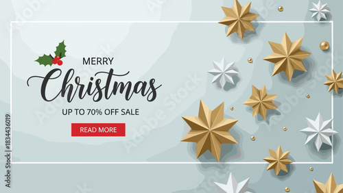 Merry Christmas Sale Banner with 70% Off Promotion: Elegant Design Featuring Golden 3D Paper Stars and Holly Berries on a Soft Background for Holiday Marketing and Discounts.