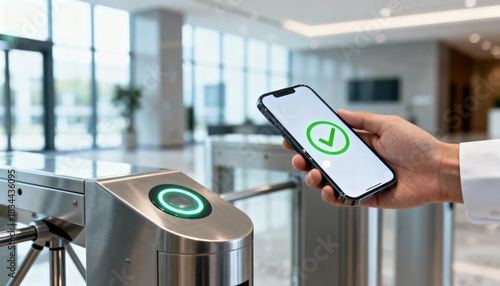 Hand holding smartphone with green checkmark near turnstile smartphone, hand, turnstile, access, security, entry, building, office, technology, mobile, app, checkmark, green, verification, authenticat