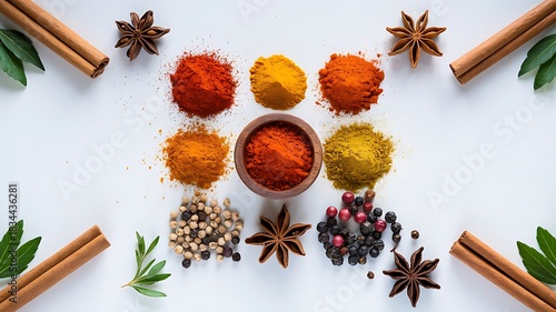 Colorful Spice Arrangement Perfect for Food & Branding Projects. High-Detail Spice Flat lay Ideal for Professional Culinary Visuals. Rich, Vibrant Spices for Stunning Kitchen and Food Artwork.