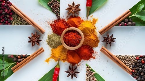 Colorful Spice Arrangement Perfect for Food & Branding Projects. High-Detail Spice Flat lay Ideal for Professional Culinary Visuals. Rich, Vibrant Spices for Stunning Kitchen and Food Artwork.