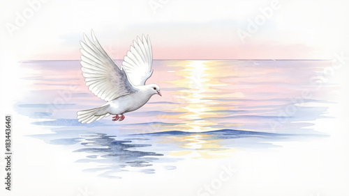 White dove gliding over calm ocean waters, peaceful and tranquil, delicate watercolor painting with soft pastel sky colors