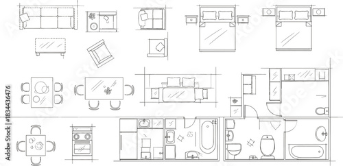 Architectural floor plan elements and furniture layouts top down view