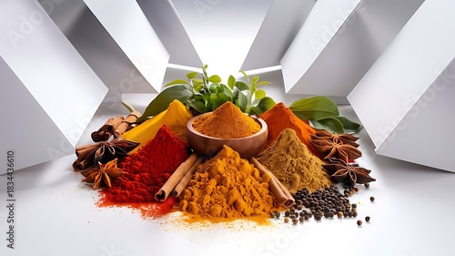 Colorful Spice Arrangement Perfect for Food & Branding Projects. High-Detail Spice Flat lay Ideal for Professional Culinary Visuals. Rich, Vibrant Spices for Stunning Kitchen and Food Artwork.