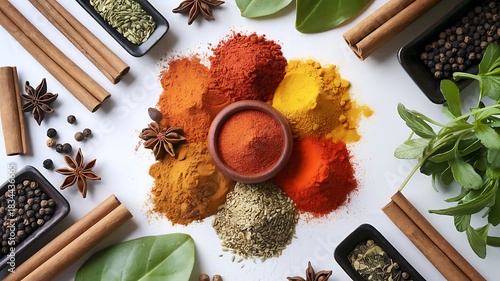 Colorful Spice Arrangement Perfect for Food & Branding Projects. High-Detail Spice Flat lay Ideal for Professional Culinary Visuals. Rich, Vibrant Spices for Stunning Kitchen and Food Artwork.