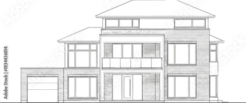 Architectural drawing of a modern multi story house with a garage