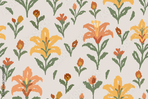 Vintage Ikat Lily Floral Seamless Pattern in warm orange.Damask Ikat floral embroidery. Retro botanical aesthetic. Perfect for fabric printing, home décor, wallpapers, gift wrap, and digital creative