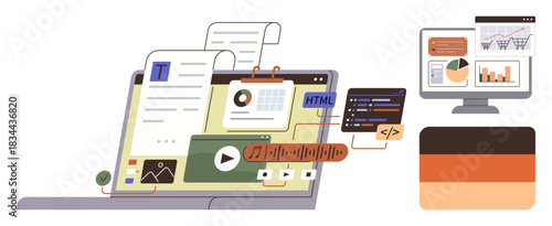Open laptop displaying text, code, media files, and audio tools, with side graphics of dashboards and designs. Ideal for content creation, web development, media editing, coding data visualization