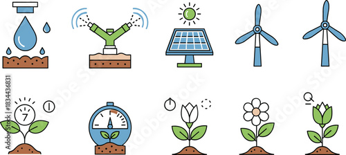 Icons representing sustainable agriculture and renewable energy sources