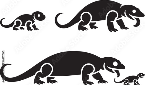 Black silhouettes of various sizes of large monitor lizards showing adult animals and babies standing