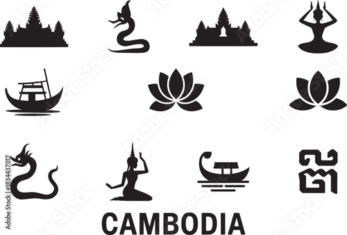 Cambodia black silhouette icons set on transparent background travel tourism symbols