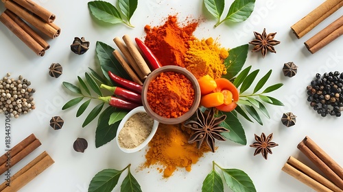 Colorful Spice Arrangement Perfect for Food & Branding Projects. High-Detail Spice Flat lay Ideal for Professional Culinary Visuals. Rich, Vibrant Spices for Stunning Kitchen and Food Artwork.
