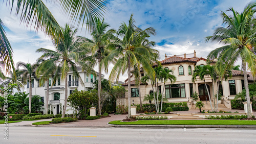 Real estate lifestyle shot of a beautiful two-story house with tropical plants and a street corner view under heavy grey clouds.