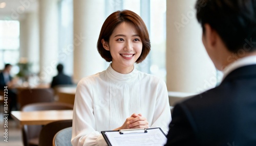 Woman smiling during job interview over shoulder view asian, woman, smiling, job interview, over shoulder, business, meeting, conversation, discussion, professional, office, workplace, interview, cand