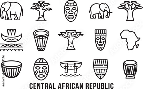 Central african republic line icon set showing culture symbols animals masks drums trees and map contours.