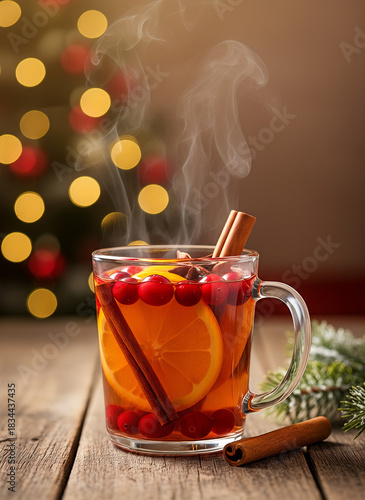 Hot punch drink. Hot spiced drink with orange and cinnamon in glass mug on wooden table  