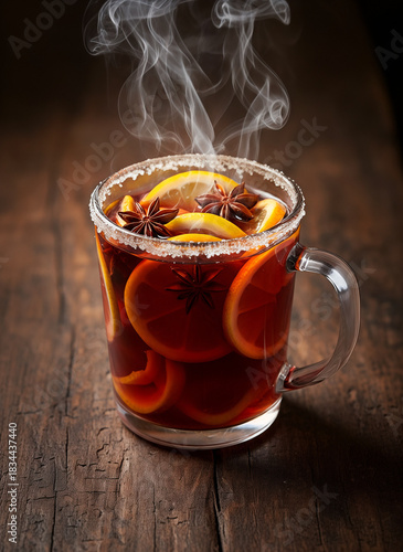 Hot punch spiced drink with orange slices and star anise in glass mug  