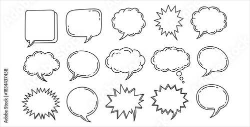 Variety of hand drawn speech bubbles and thought bubbles in black and white illustration