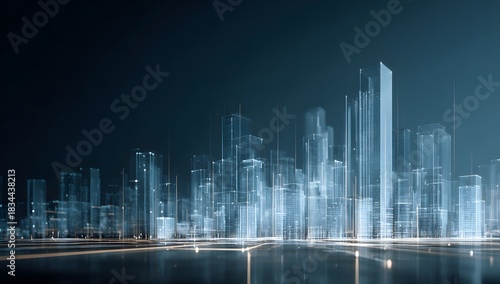Digital cityscape with modern skyscrapers and glowing blue vertical lines representing data flow and technology against a dark background