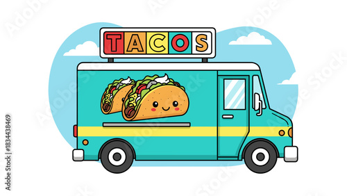 Taco truck with tacos sign, bright outlined drawing, clear lines and vibrant colors, hand-drawn vector illustration