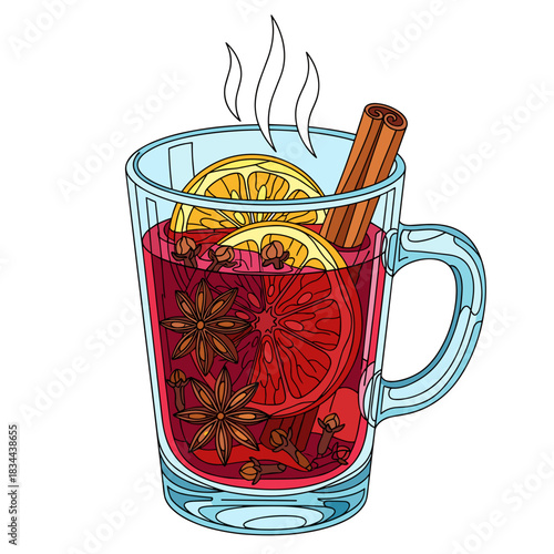 Mulled wine glass with fruits and cinnamon, bright outlined drawing, vivid tones, festive Christmas drink