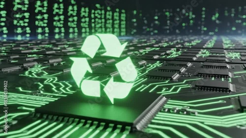 Recycling symbol on circuit board with green glowing traces and digital elements