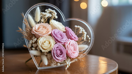 Heartshaped preserved flower arrangement in clear resin