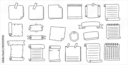 Collection of hand drawn paper sheets and scrolls for notes and messages in black line