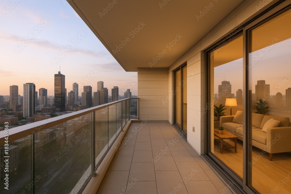 Fototapeta premium Modern Apartment Balcony View of City Skyline at Sunset, High Rise Living, Urban Residence