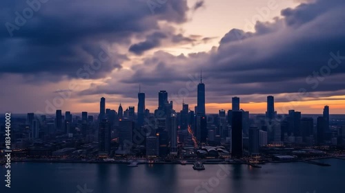 Captivating aerial cityscape of Chicago during a mesmerizing sunset with looming storm clouds,