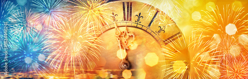 Retro clock close to midnight, fireworks and lights. New Year's and Christmas holiday background.