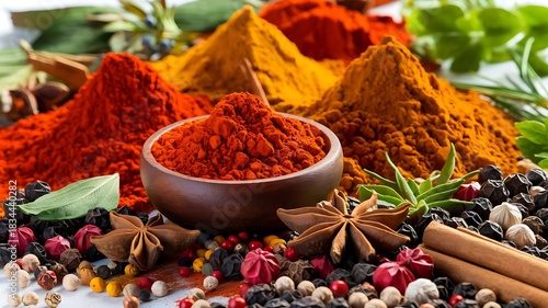 Colorful Spice Arrangement Perfect for Food & Branding Projects. High-Detail Spice Flat lay Ideal for Professional Culinary Visuals. Rich, Vibrant Spices for Stunning Kitchen and Food Artwork.