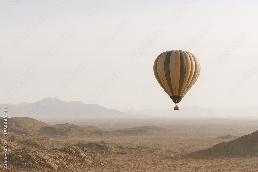 Obraz premium Hot Air Balloon Adventure Over Arid Landscape, Celebrating Travel, Freedom, and Exploration