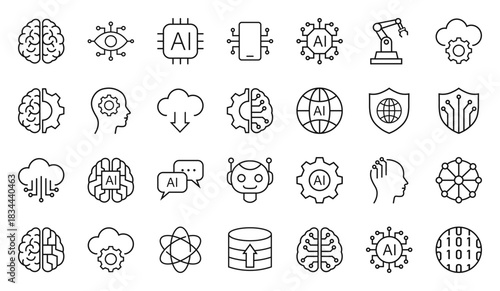 Collection of Artificial intelligence icons. Outlined icon Set contains such Icons as Ai Architecture, Brain, Robotics, Machine Learning, Ai Technology, Automation,  Algorithm and more. Simple icons.