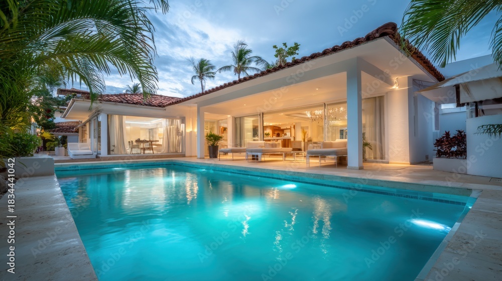 Fototapeta premium Luxury Villa with Swimming Pool at Dusk: Upscale Vacation Home in Tropical Paradise